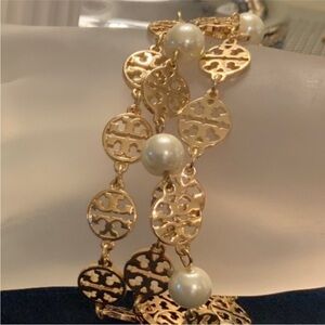 Tory Burch vintage Gold and Pearl triple strand Disc Bracelet